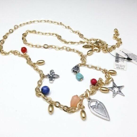 Chico's Gold Tone Charm Necklace, Bee Heart Star Beads, 39 Inches, New With Tags - Picture 2 of 10
